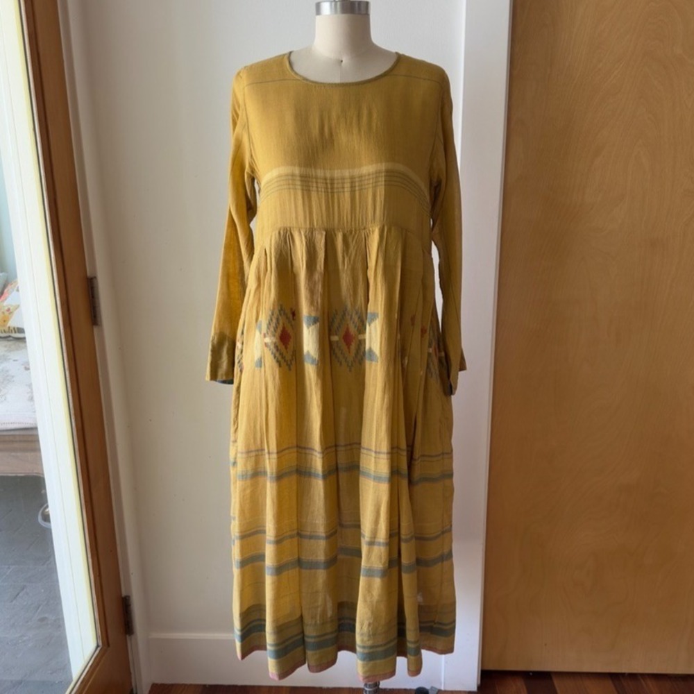 INJIRI Hand Woven Cotton Boho Slow Fashion Midi Dress-Mustard-Embroidered-Sz Sml